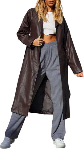 Chouyatou Women's Casual Lapel Open Front Pu Faux Leather Long Trench Coat with Belt