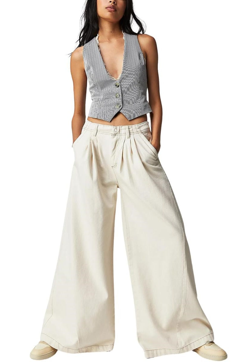 Chouyatou Women's Boyfriend Denim Cargo Pants Y2K Baggy Wide Leg Casual Dressy Jeans Culottes