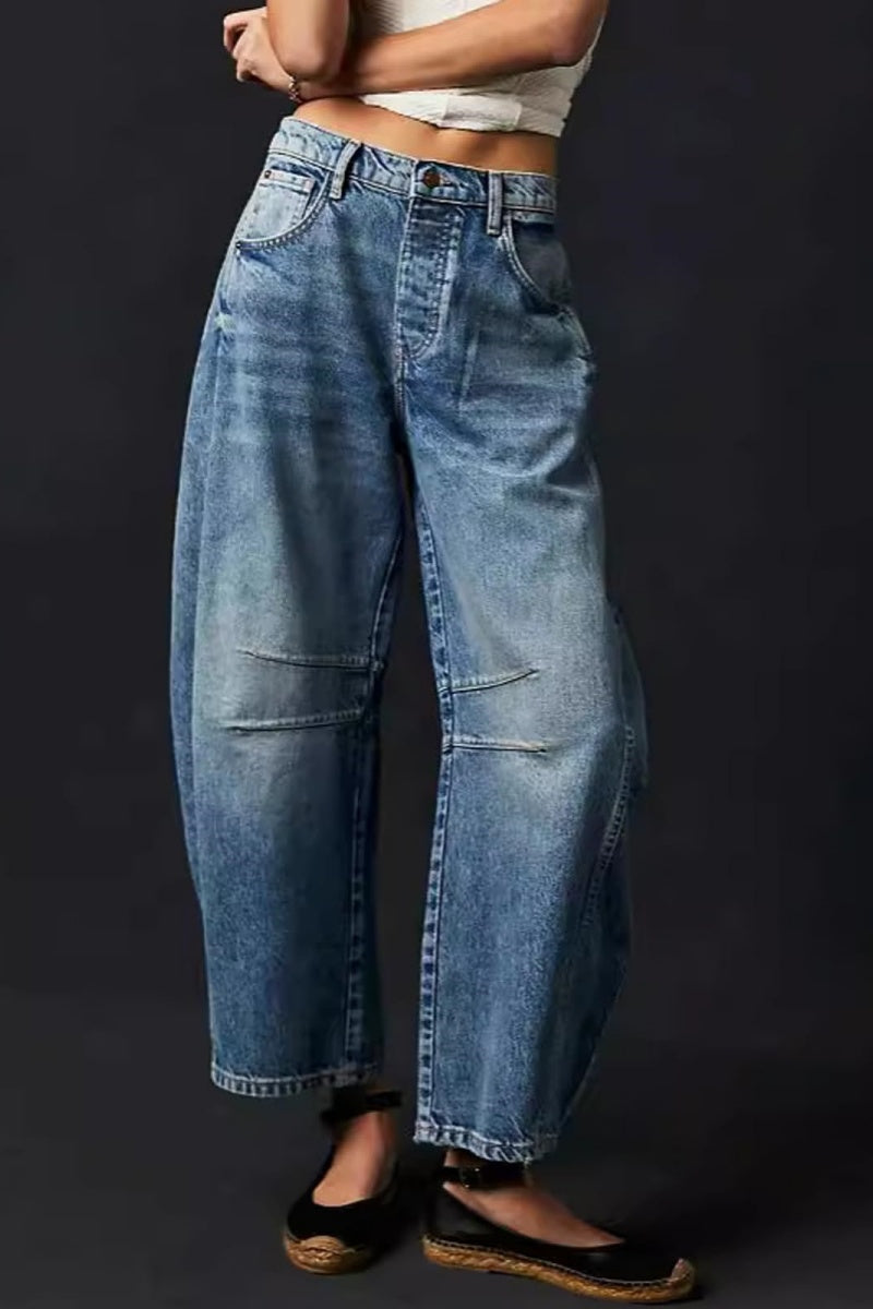 Chouyatou Barrel Jeans Women Wide Leg Cropped Jeans Y2k Mid Rise Baggy Jeans Boyfriend Denim Pants Harem Pants
