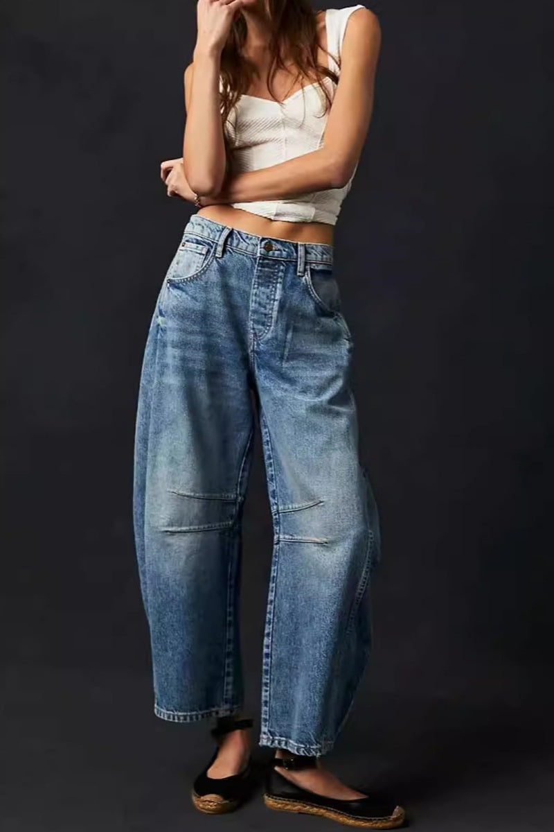 Chouyatou Barrel Jeans Women Wide Leg Cropped Jeans Y2k Mid Rise Baggy Jeans Boyfriend Denim Pants Harem Pants
