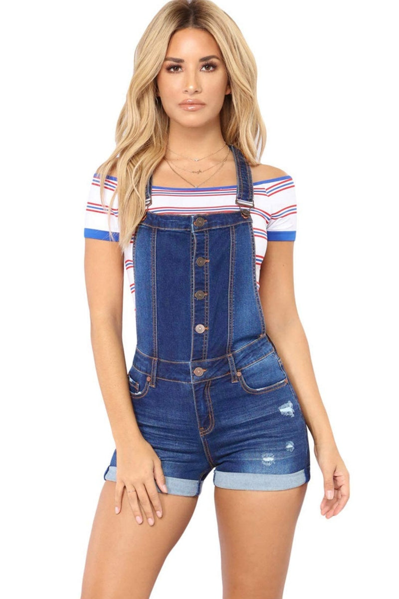 Chouyatou Women's Adjustable Strap Button Front Shortalls Ripped Short Denim Jeans Overall