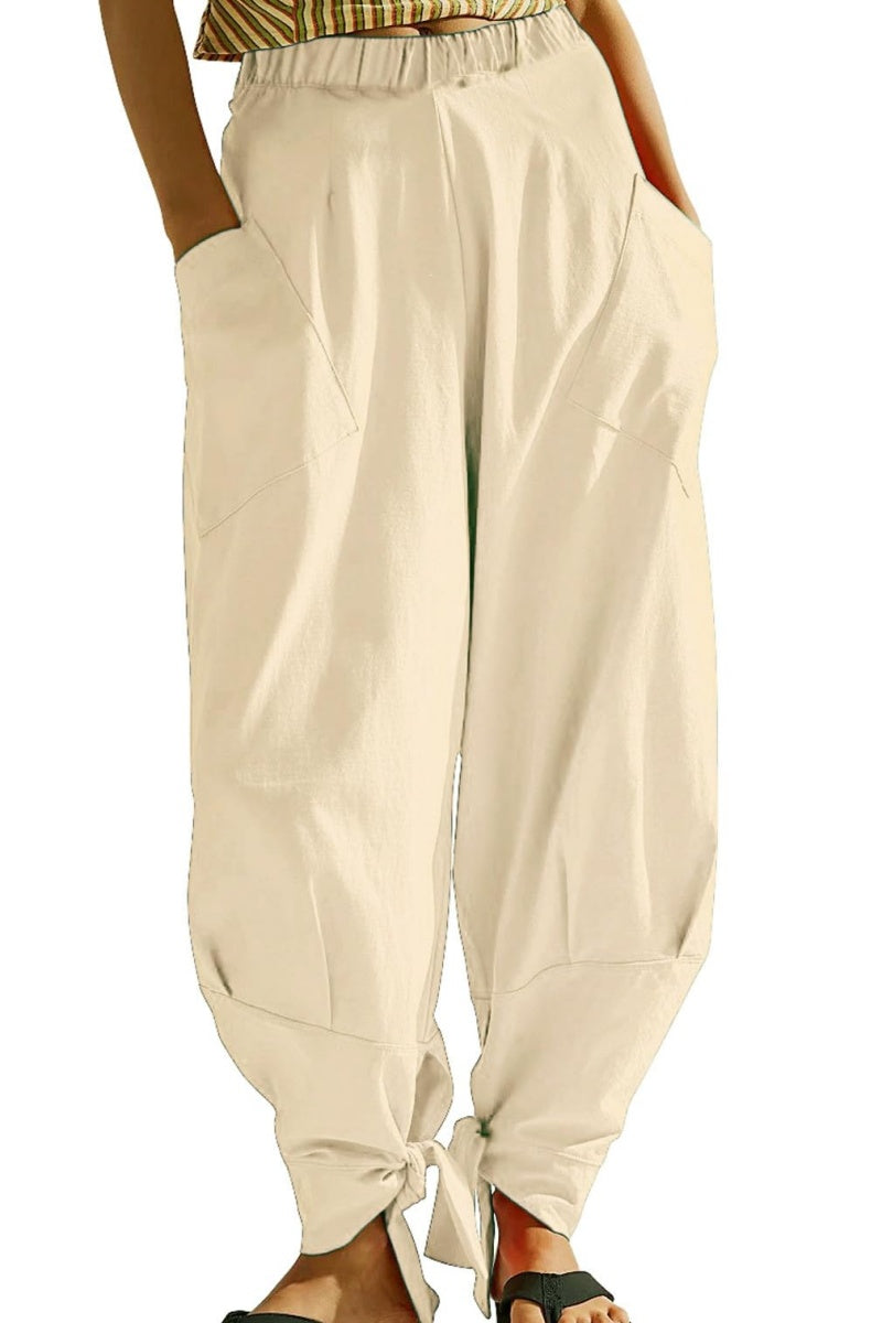 Chouyatou Women Tapered Wide Leg Lounge Pants Summer Harem Pants Elastic Waist Slacks Beach Baggy Pants Pockets