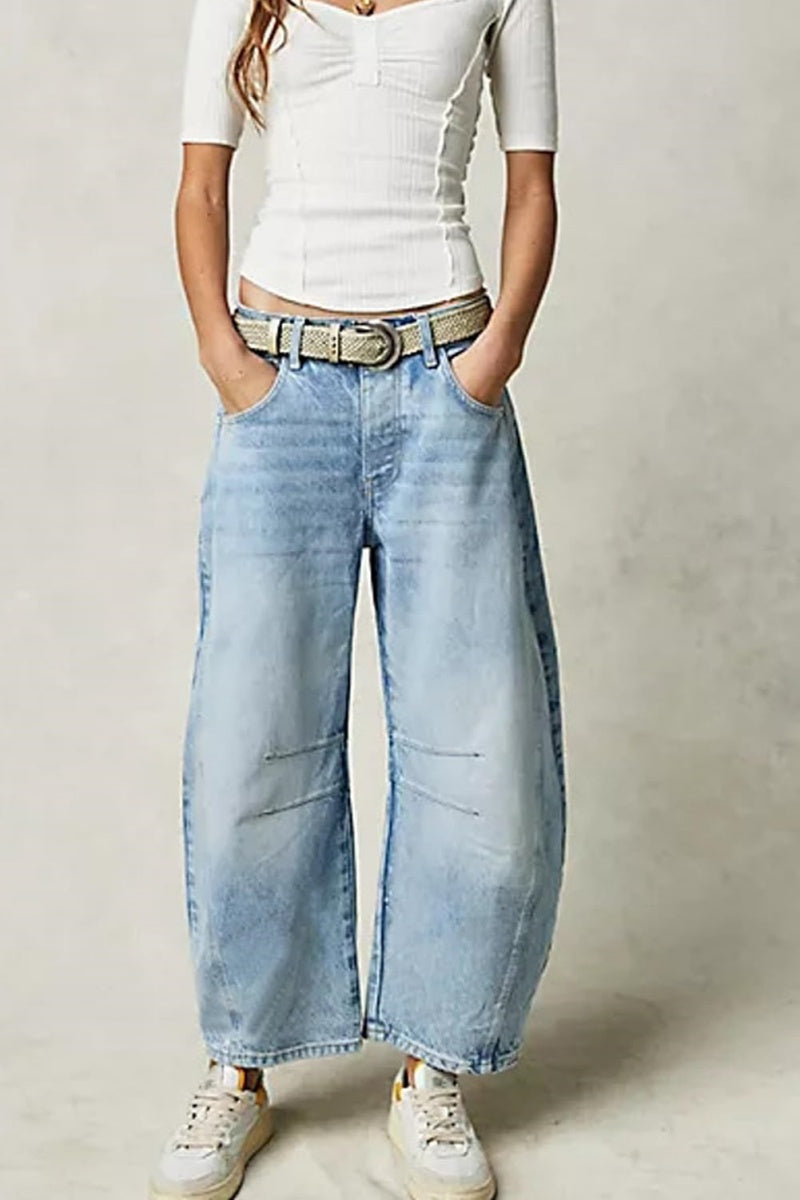Chouyatou Barrel Jeans Women Wide Leg Cropped Jeans Y2k Mid Rise Baggy Jeans Boyfriend Denim Pants Harem Pants