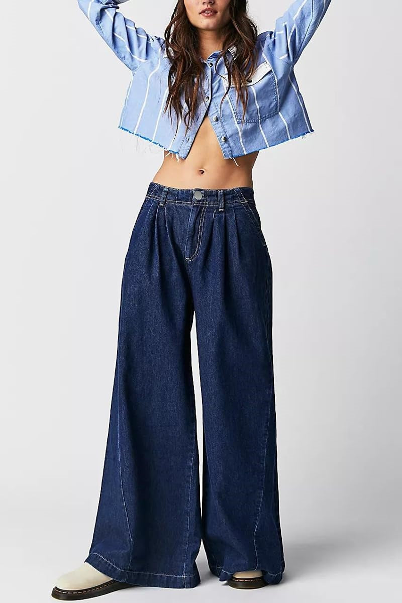 Chouyatou Women's Boyfriend Denim Cargo Pants Y2K Baggy Wide Leg Casual Dressy Jeans Culottes