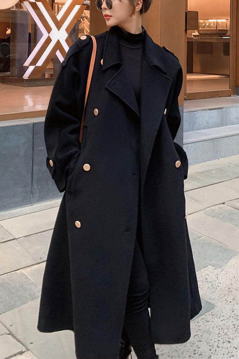 Chouyatou chouyatou Women's Winter Double Breasted Midi Long Wool Pea Coat Notch Lapel Winter Trench Coat