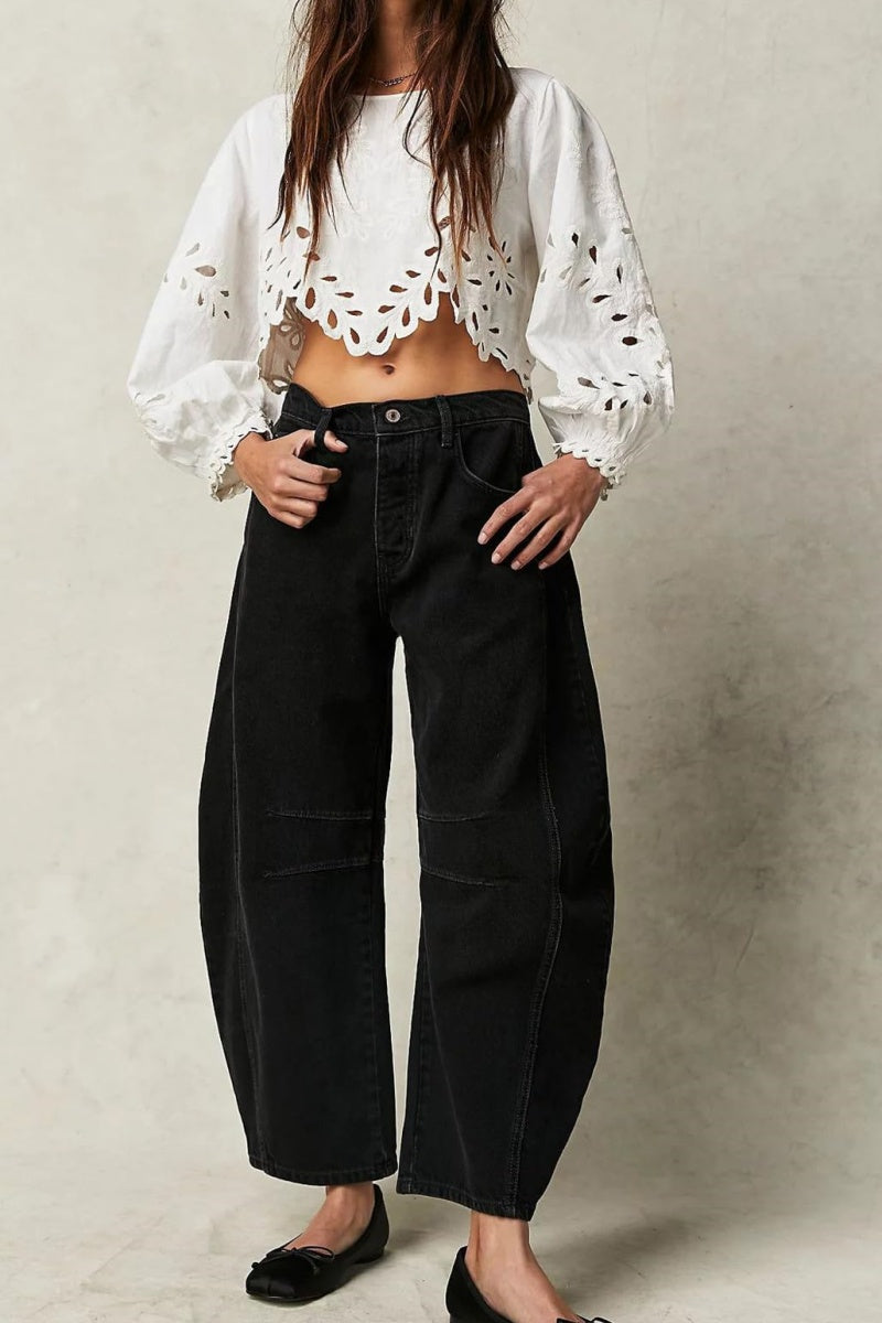 Chouyatou Barrel Jeans Women Wide Leg Cropped Jeans Y2k Mid Rise Baggy Jeans Boyfriend Denim Pants Harem Pants