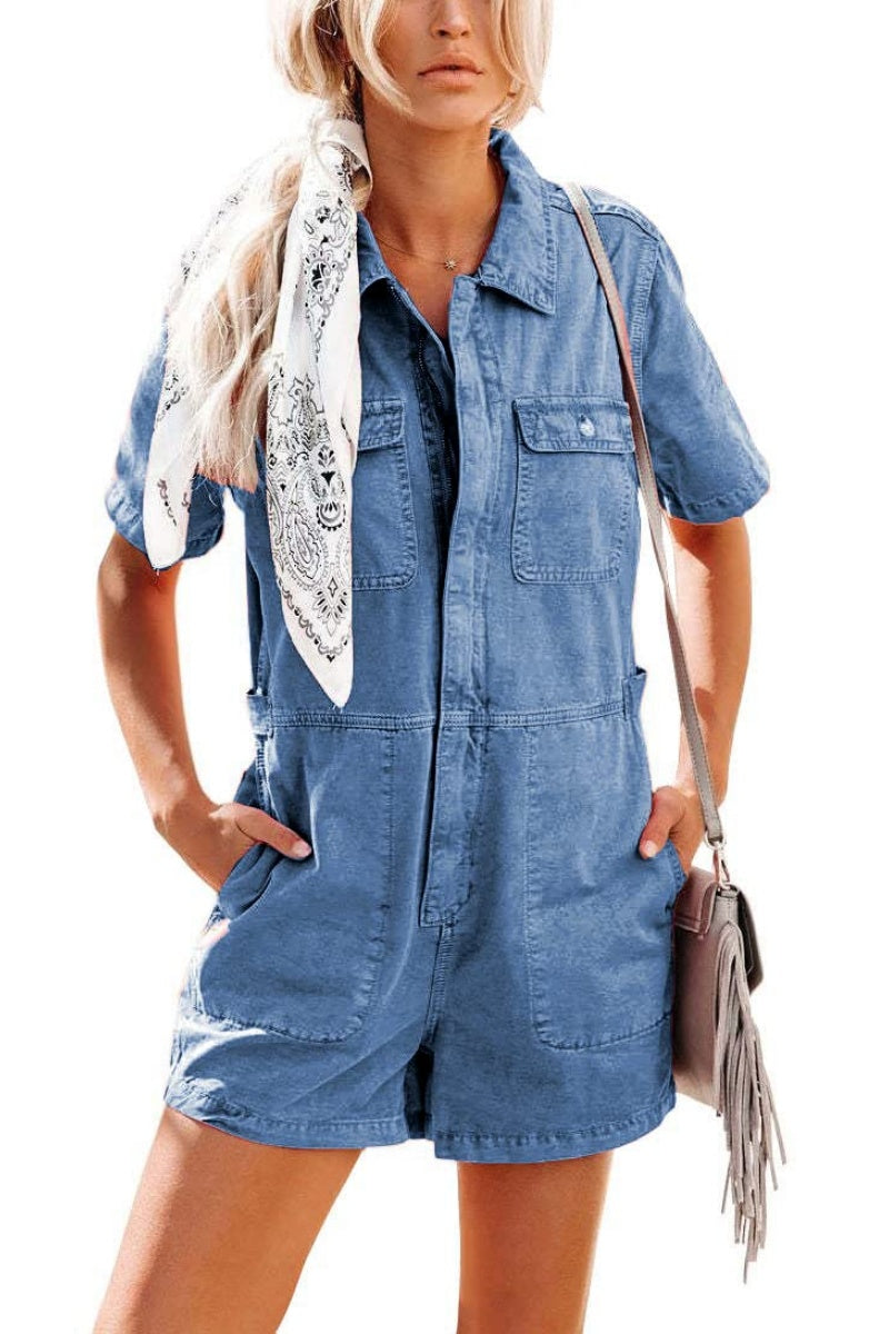 Chouyatou Women's Vintage Distressed Short Sleeve Zip Up Denim Jean Utility Jumpsuit Romper Shorts