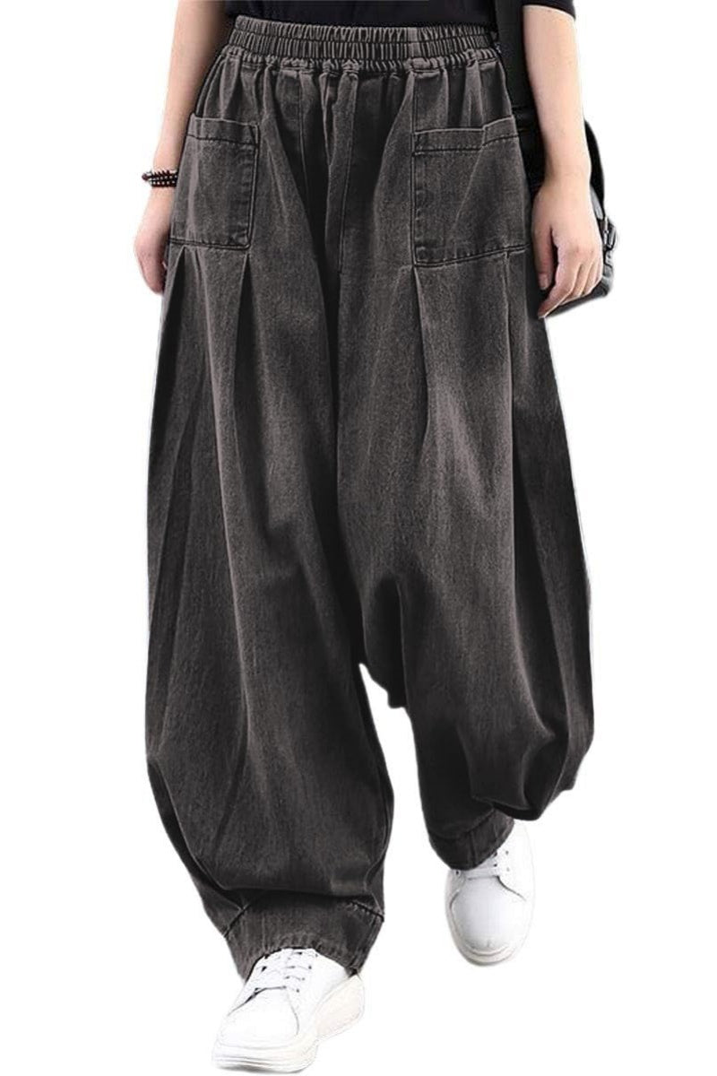Chouyatou Women's Denim Harem Pants Elastic Waist Pleated Wide Leg Baggy Jeans