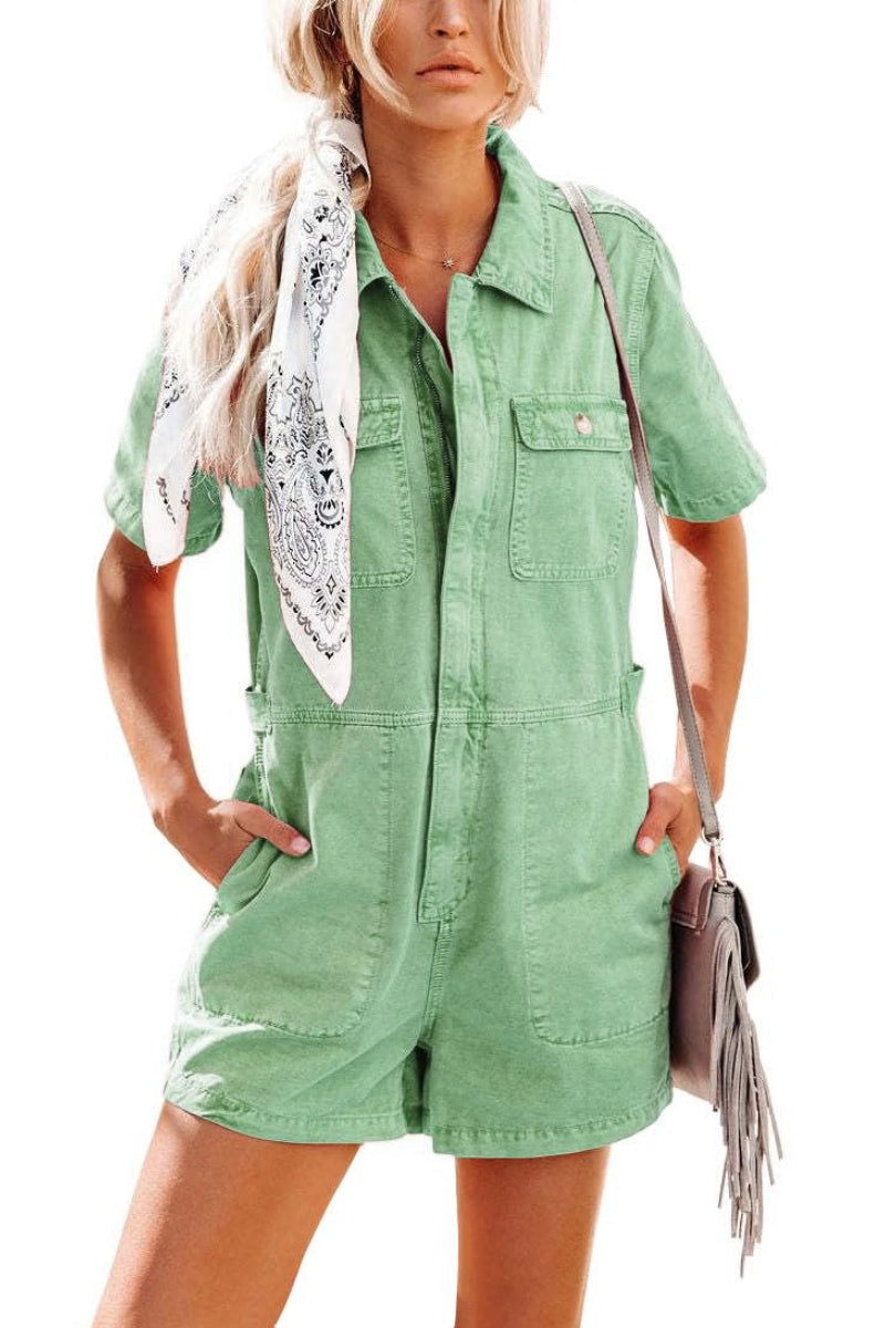 Chouyatou Women's Vintage Distressed Short Sleeve Zip Up Denim Jean Utility Jumpsuit Romper Shorts