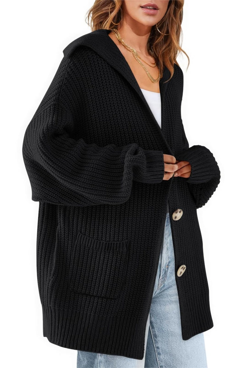 Chouyatou Women's Oversized Sailor Collar Button Cardigans Chunky Knit Long Sleeve Slouchy Sweaters Coat with Pockets