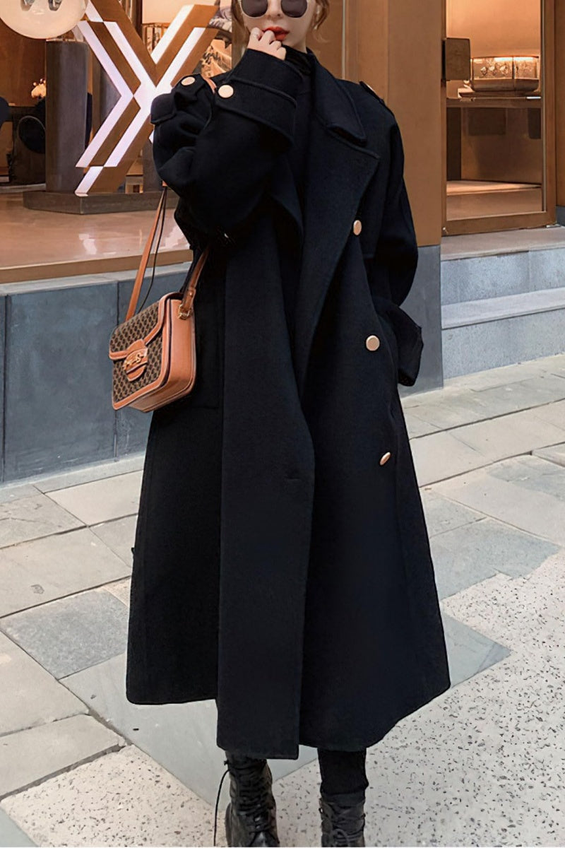 Chouyatou chouyatou Women's Winter Double Breasted Midi Long Wool Pea Coat Notch Lapel Winter Trench Coat