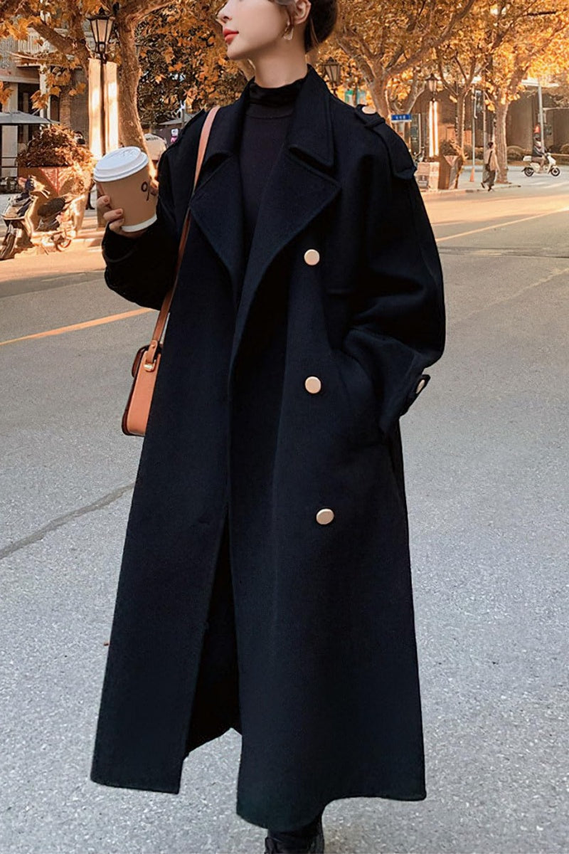 Chouyatou chouyatou Women's Winter Double Breasted Midi Long Wool Pea Coat Notch Lapel Winter Trench Coat