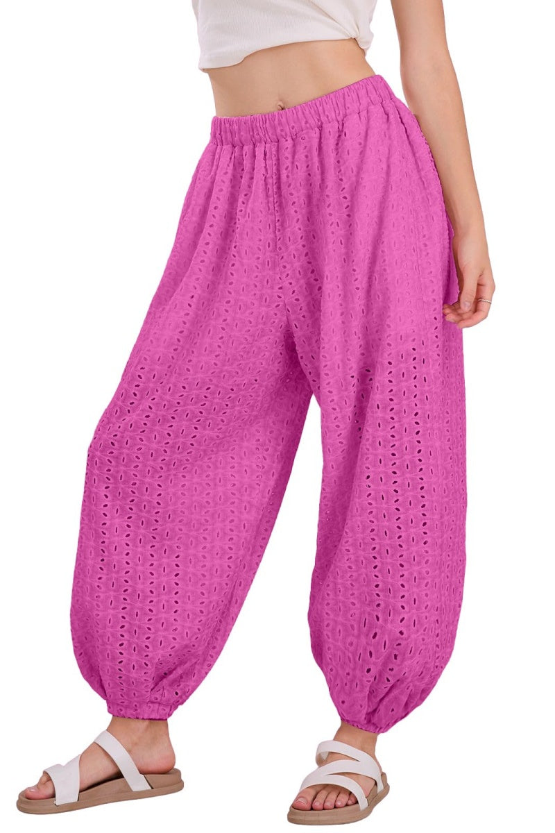 Chouyatou Womens Eyelet Lace Beach Palazzo Harem Pants Casual Loose Embroidery High Waist Cotton Trousers with Pockets
