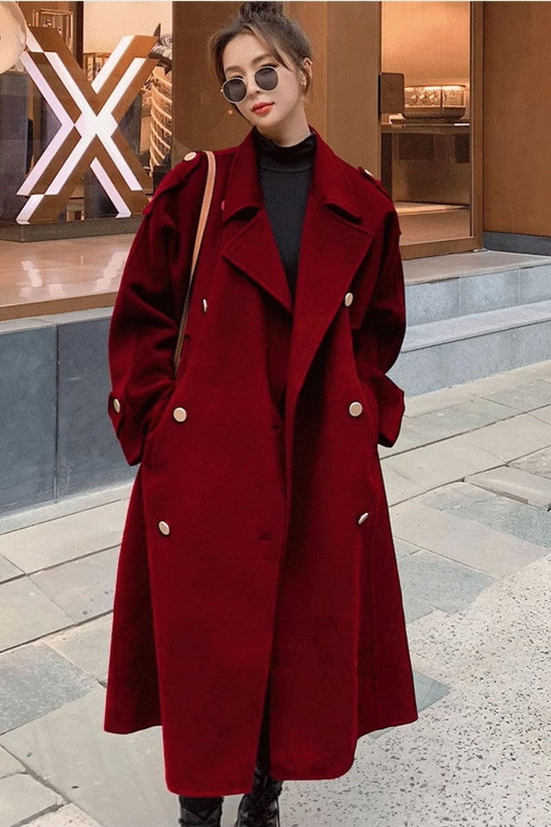 Chouyatou chouyatou Women's Winter Double Breasted Midi Long Wool Pea Coat Notch Lapel Winter Trench Coat