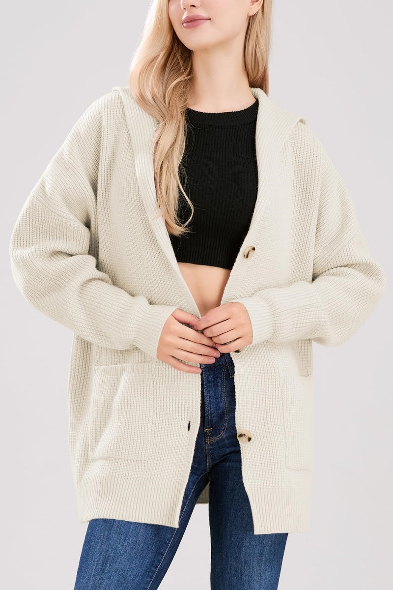 Chouyatou Women's Oversized Sailor Collar Button Cardigans Chunky Knit Long Sleeve Slouchy Sweaters Coat with Pockets