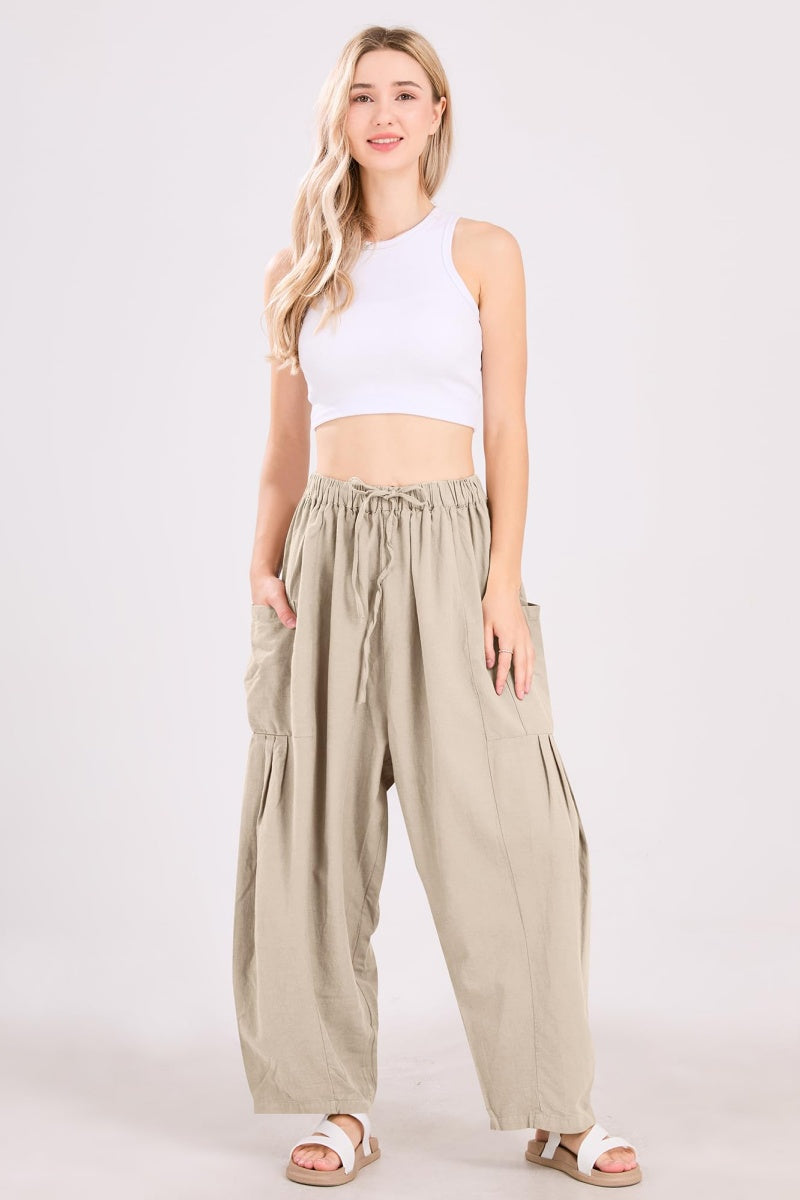 Chouyatou Womens Baggy Linen Pants Casual Loose Fit Drawstring Wide Leg Harem Pants with Pocket