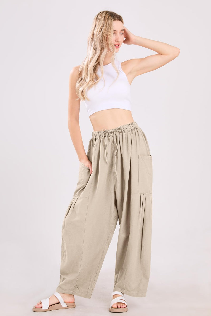 Chouyatou Womens Baggy Linen Pants Casual Loose Fit Drawstring Wide Leg Harem Pants with Pocket