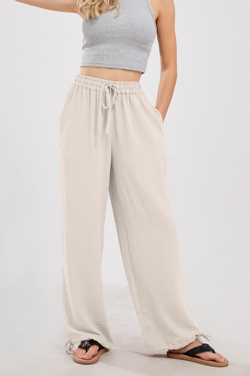 Chouyatou Wide Leg Linen Pants for Women Casual Loose Fit High Waisted Pants with Drawstrings