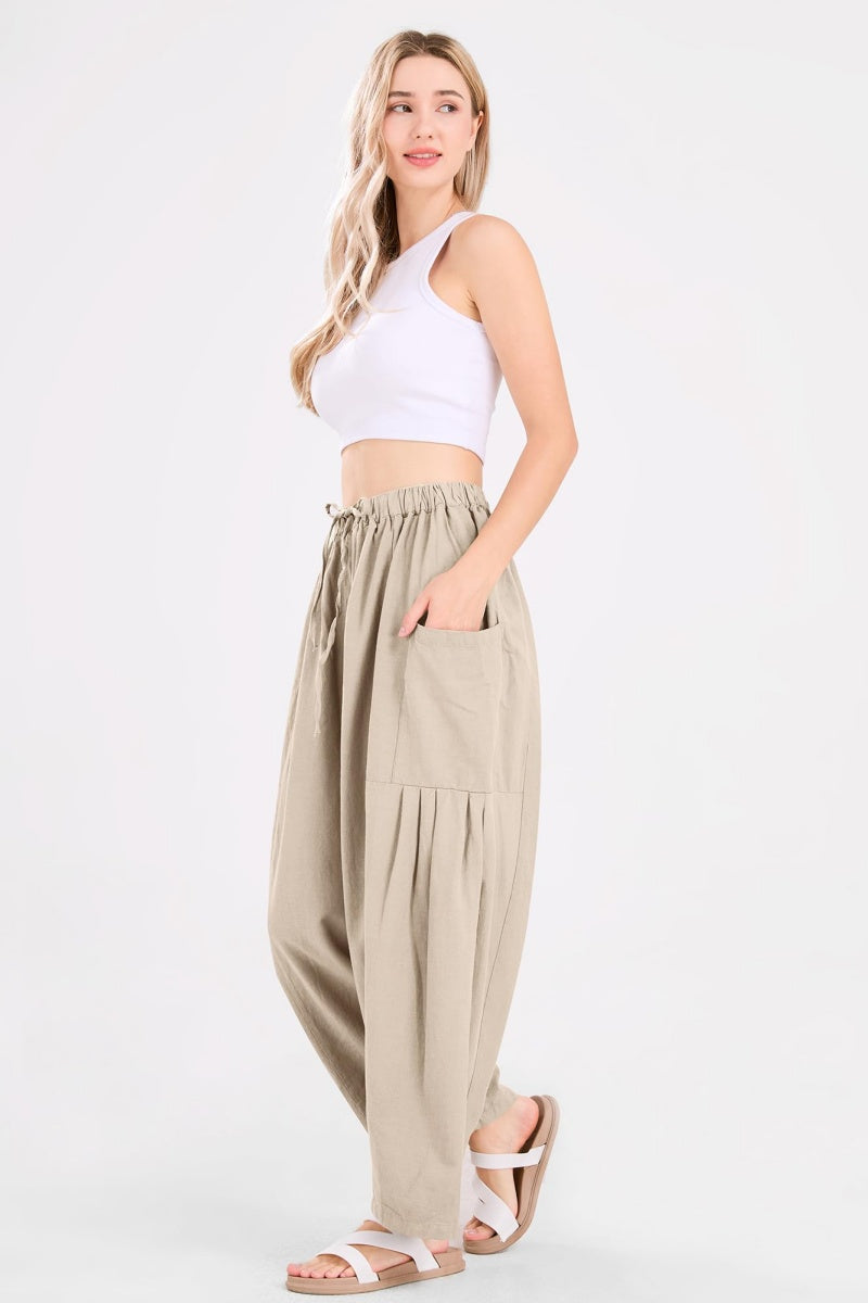 Chouyatou Womens Baggy Linen Pants Casual Loose Fit Drawstring Wide Leg Harem Pants with Pocket