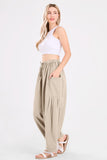 Chouyatou Womens Baggy Linen Pants Casual Loose Fit Drawstring Wide Leg Harem Pants with Pocket