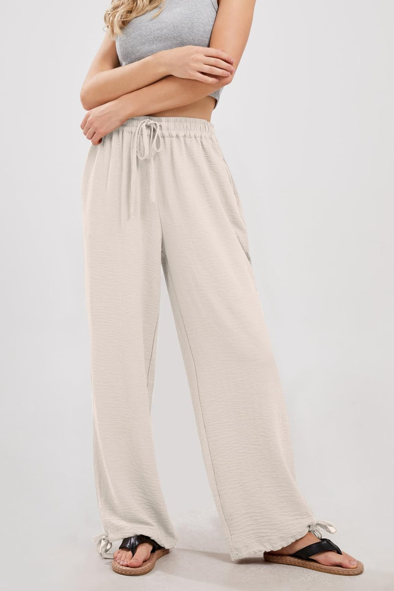 Chouyatou Wide Leg Linen Pants for Women Casual Loose Fit High Waisted Pants with Drawstrings