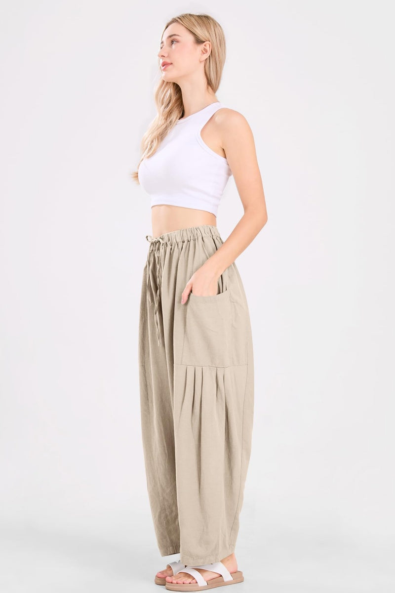 Chouyatou Womens Baggy Linen Pants Casual Loose Fit Drawstring Wide Leg Harem Pants with Pocket
