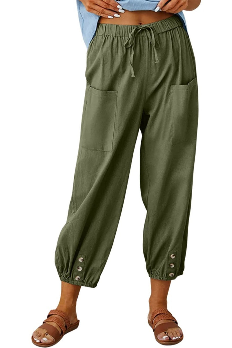 Chouyatou Women Cotton and Linen Drawstring Capri Pants Casual High Waist Pocket Cropped Pants
