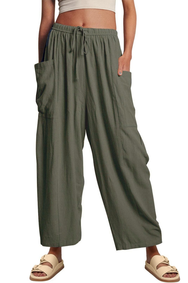 Chouyatou Womens Baggy Linen Pants Casual Loose Fit Drawstring Wide Leg Harem Pants with Pocket