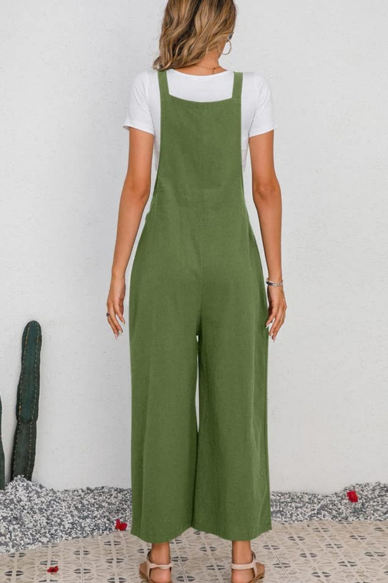 Chouyatou Women's Summer Wide Leg Bib Linen Overalls Palazzo Pants Casual Linen Jumpsuits