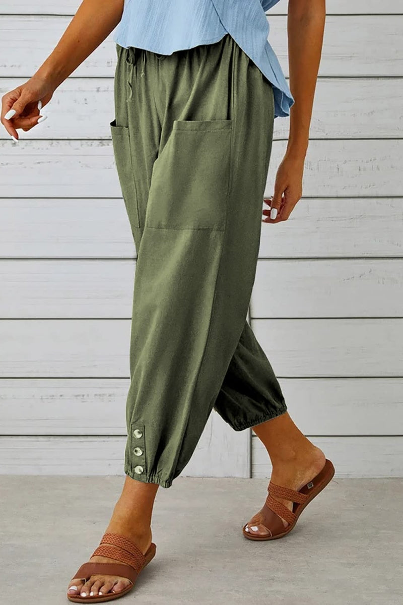 Chouyatou Women Cotton and Linen Drawstring Capri Pants Casual High Waist Pocket Cropped Pants