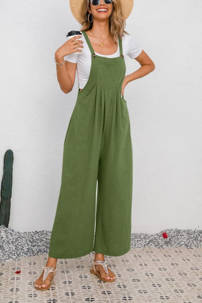 Chouyatou Women's Summer Wide Leg Bib Linen Overalls Palazzo Pants Casual Linen Jumpsuits