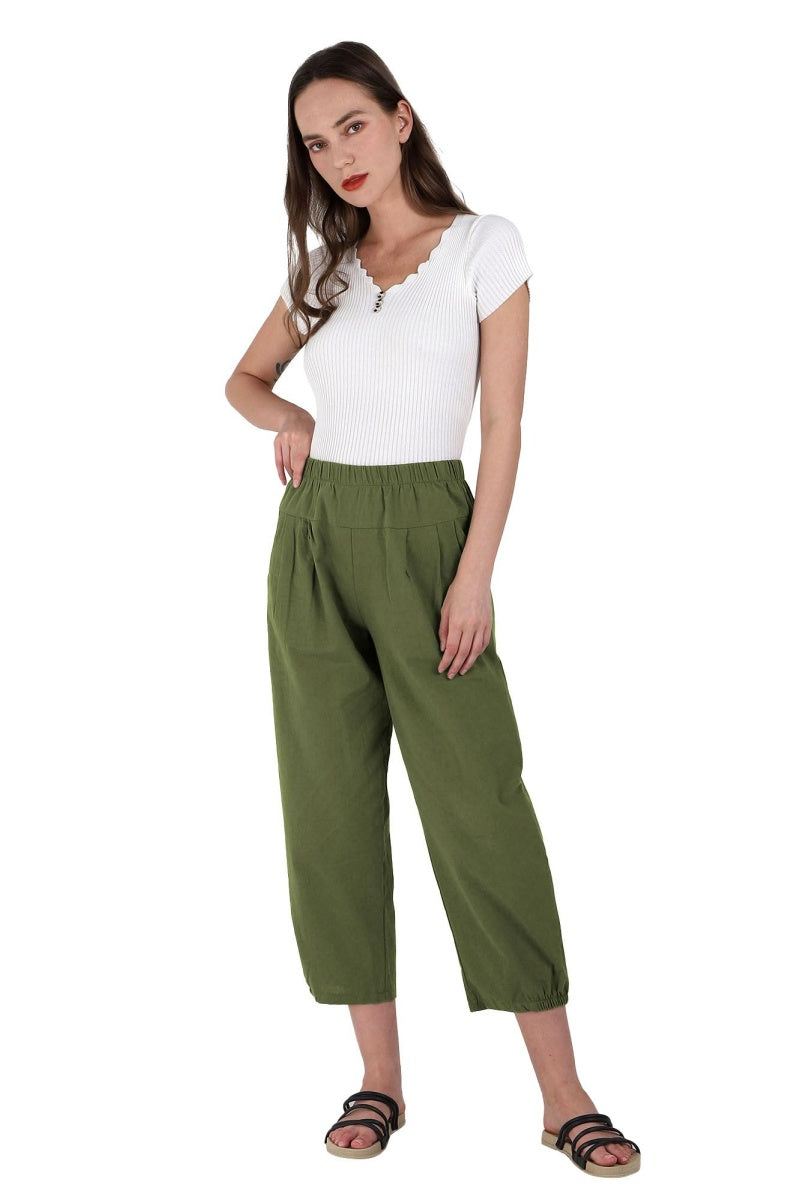 Chouyatou Women's Cropped Harem Pants Elastic Waist Casual Loose Fit Cotton Linen Capris with Pockets