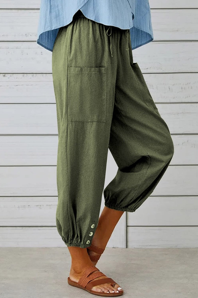 Chouyatou Women Cotton and Linen Drawstring Capri Pants Casual High Waist Pocket Cropped Pants