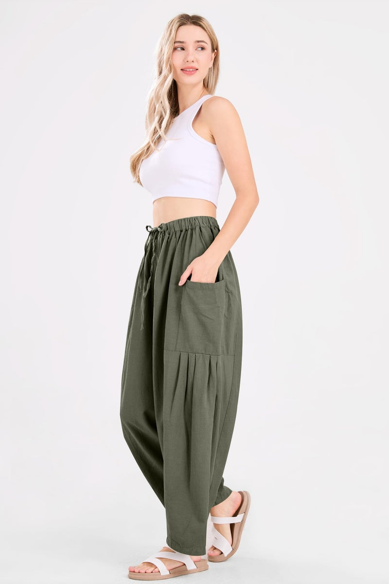 Chouyatou Womens Baggy Linen Pants Casual Loose Fit Drawstring Wide Leg Harem Pants with Pocket