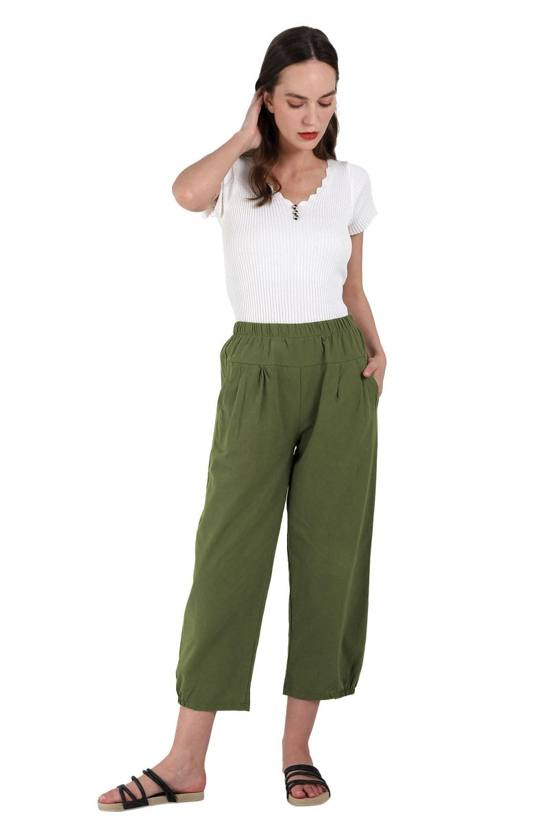 Chouyatou Women's Cropped Harem Pants Elastic Waist Casual Loose Fit Cotton Linen Capris with Pockets