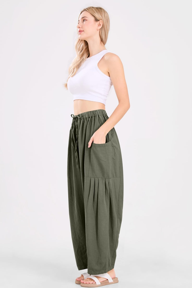 Chouyatou Womens Baggy Linen Pants Casual Loose Fit Drawstring Wide Leg Harem Pants with Pocket