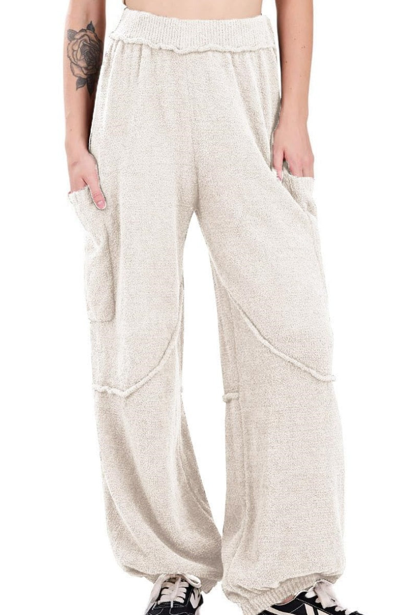 Chouyatou Women's Fuzzy Fleece Wide Leg Pants Elastic Waist Knit Pants Casual Comfy Lounge Trousers with Pockets