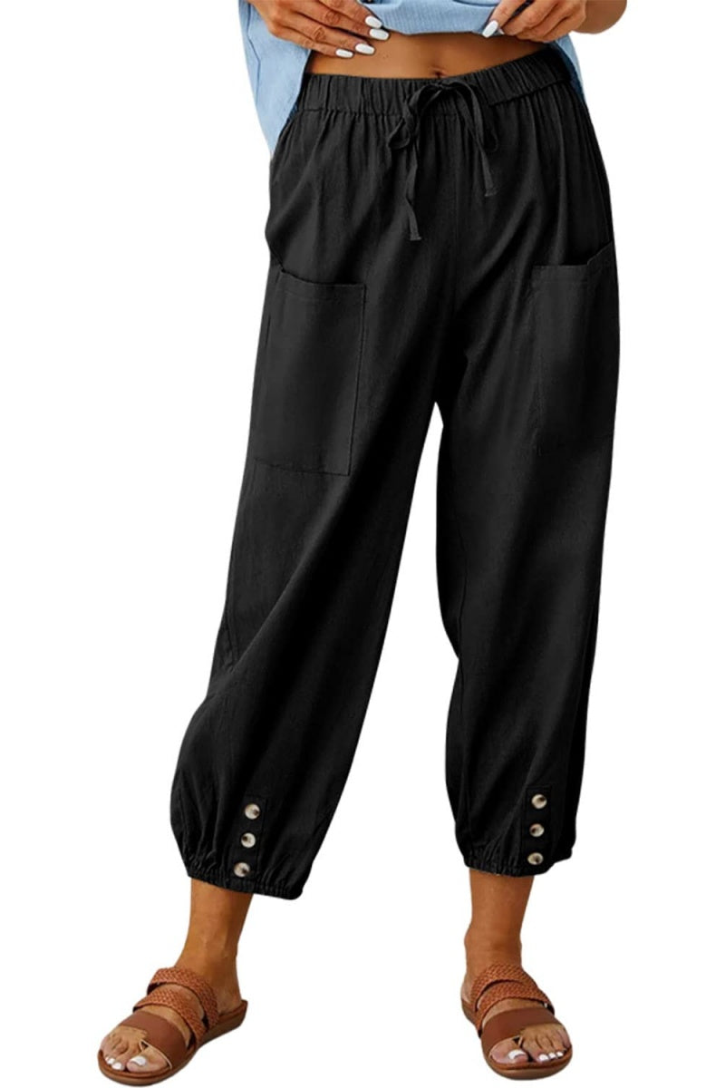 Chouyatou Women Cotton and Linen Drawstring Capri Pants Casual High Waist Pocket Cropped Pants