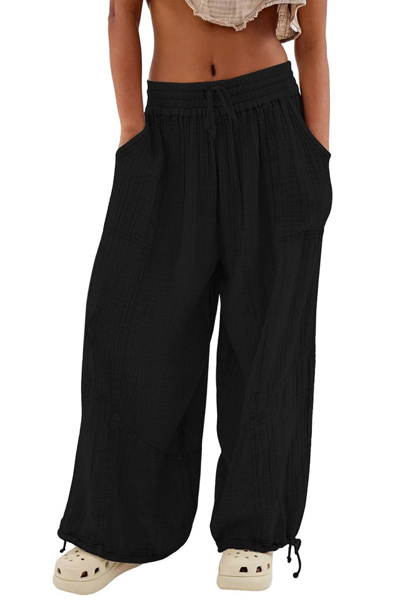 Chouyatou Womens Casual Loose Fit Wide Leg Cotton Pants Drawstring Stitching Baggy Pants Trousers with Pockets