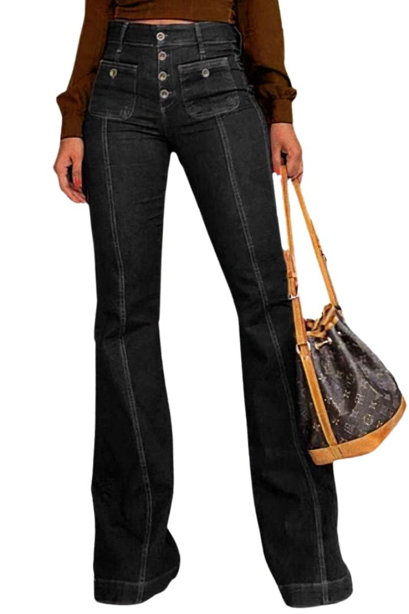 Chouyatou Women's Flare Bell Bottom High Waist Jeans Vintage Stretch Bootcut Denim Trouser with Pocket