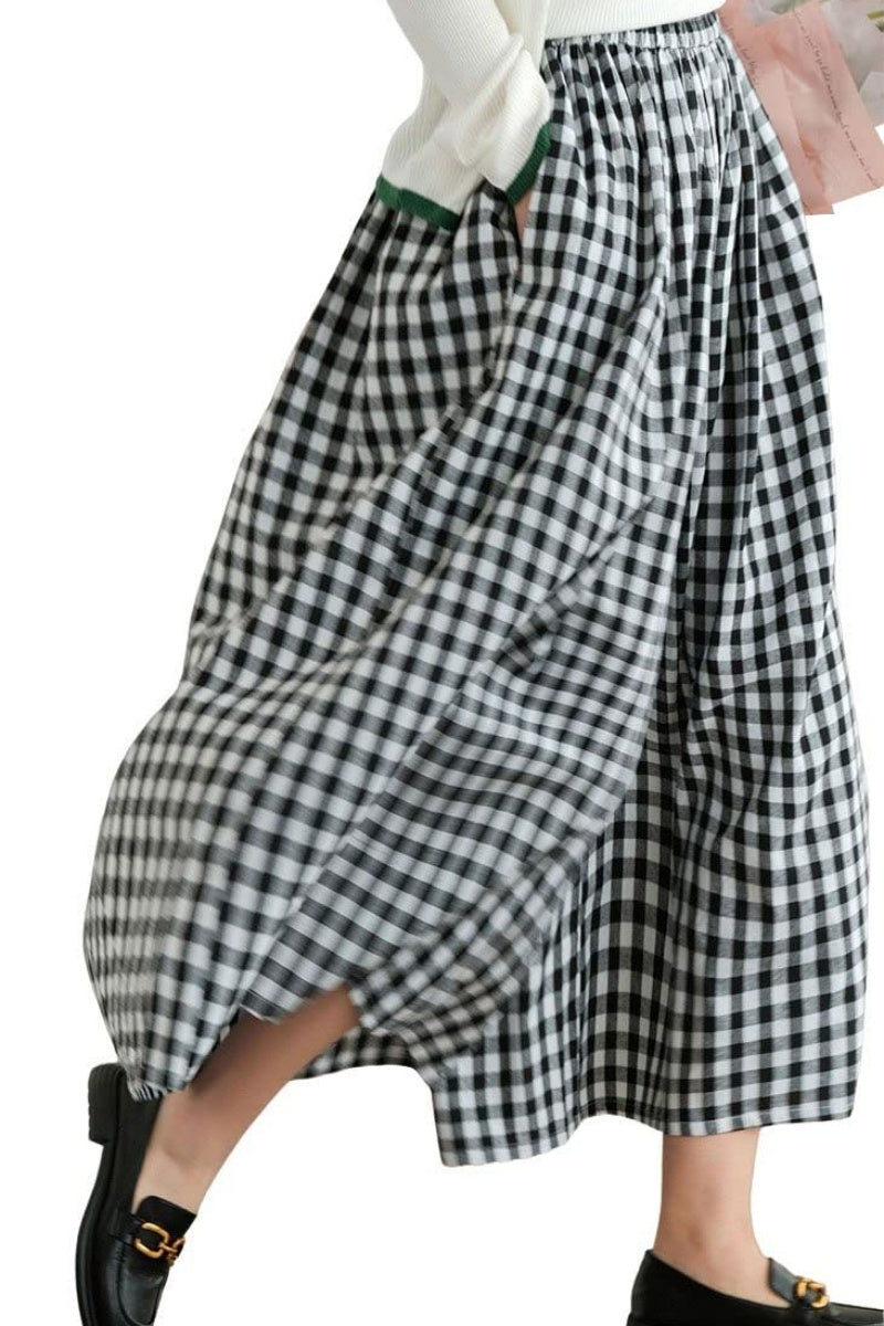 Chouyatou Women's Cotton Linen Pants Elastic Waist Plaid Gingham Wide Leg Capri Palazzo Pants