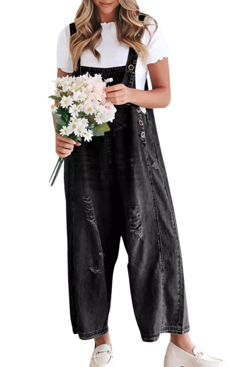 Chouyatou Women's Casual Adjustable Straps Denim Bib Overalls Distressed Ripped Wide Leg Jeans Long Pants Jumpsuits