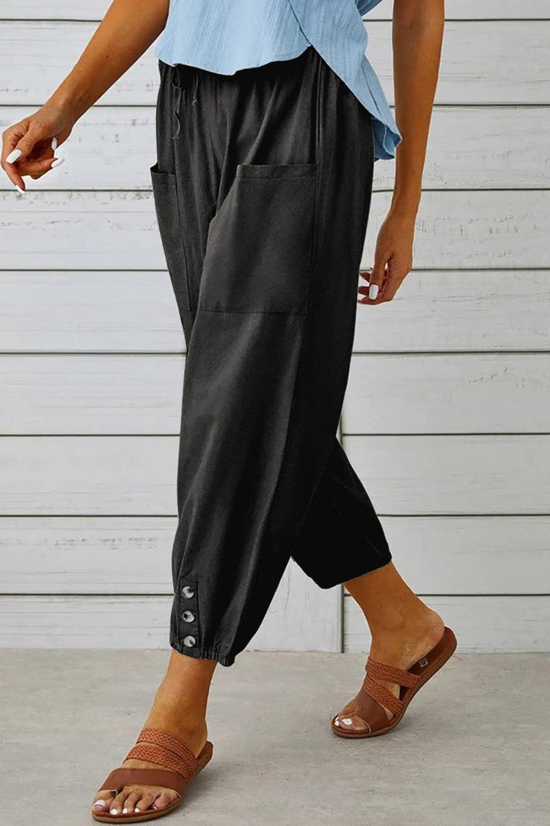 Chouyatou Women Cotton and Linen Drawstring Capri Pants Casual High Waist Pocket Cropped Pants