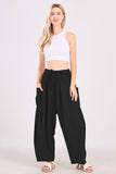 Chouyatou Womens Baggy Linen Pants Casual Loose Fit Drawstring Wide Leg Harem Pants with Pocket