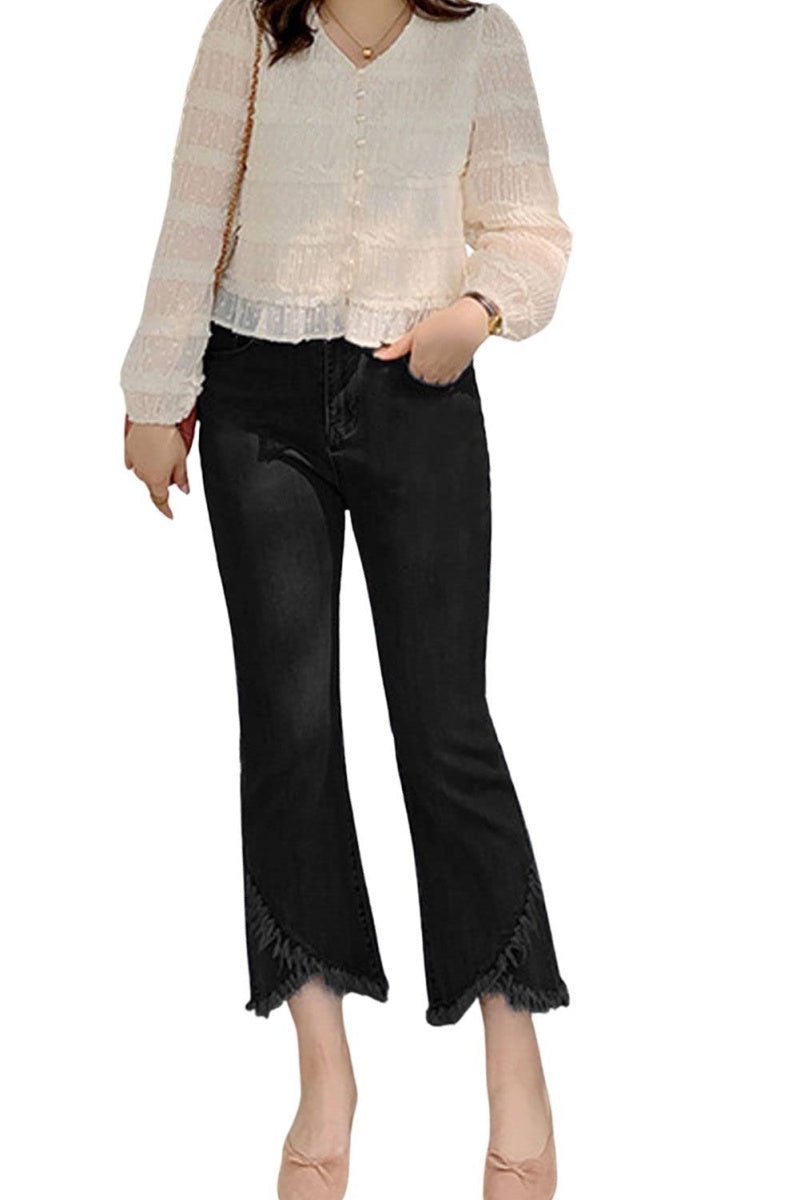 Chouyatou Women Cute Stretch Denim Jeans Ripped Distressed Frayed Hem Denim Pants Tassel Fringe Cropped Jeans