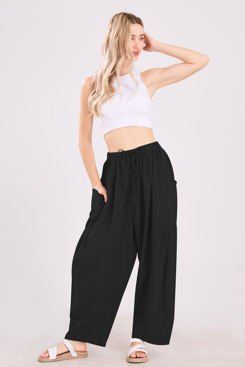 Chouyatou Womens Baggy Linen Pants Casual Loose Fit Drawstring Wide Leg Harem Pants with Pocket