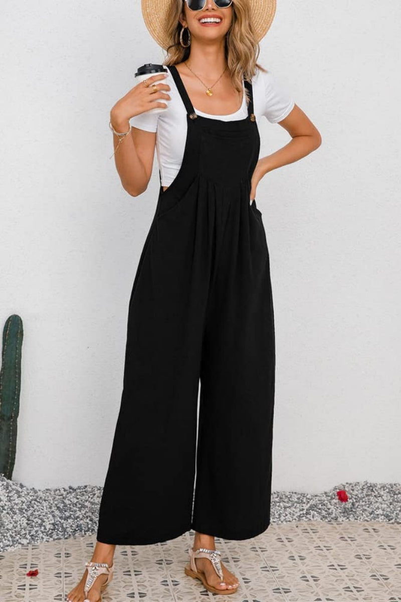 Chouyatou Women's Summer Wide Leg Bib Linen Overalls Palazzo Pants Casual Linen Jumpsuits