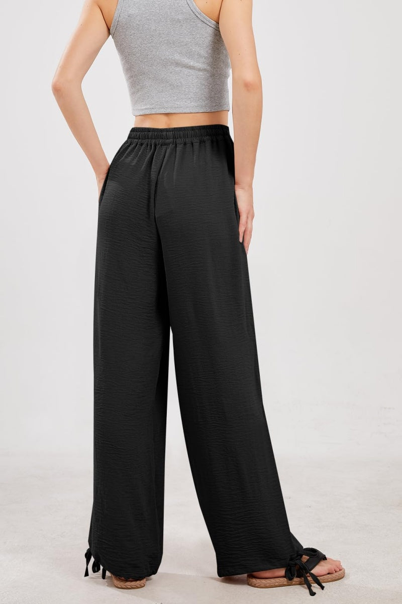 Chouyatou Wide Leg Linen Pants for Women Casual Loose Fit High Waisted Pants with Drawstrings