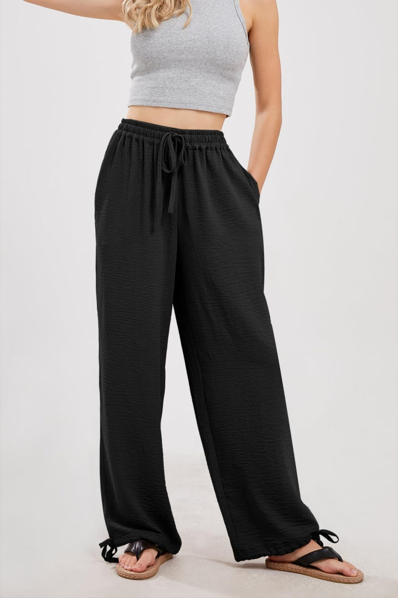 Chouyatou Wide Leg Linen Pants for Women Casual Loose Fit High Waisted Pants with Drawstrings