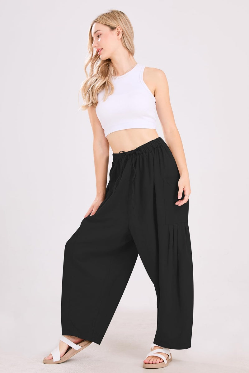 Chouyatou Womens Baggy Linen Pants Casual Loose Fit Drawstring Wide Leg Harem Pants with Pocket